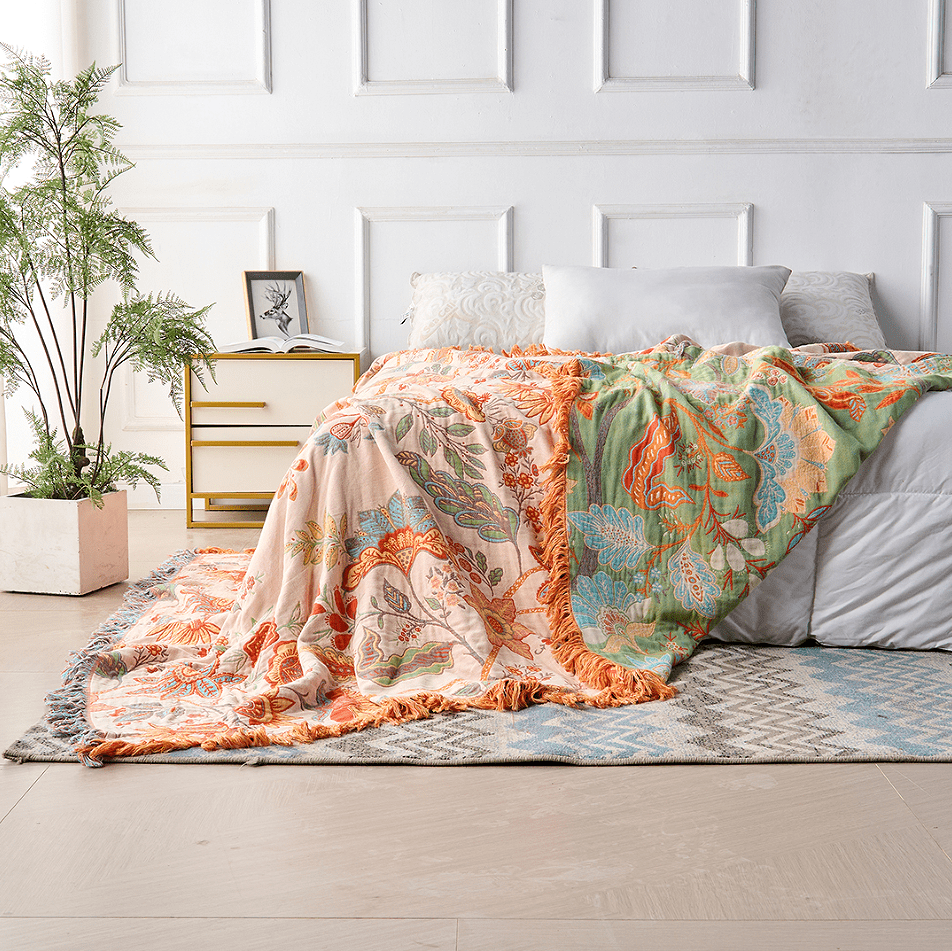 Skorter | Cotton Throw Blanket with Floral Boho Pattern