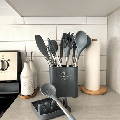 Skorter | 12-piece silicone kitchen utensils set with stainless steel handles