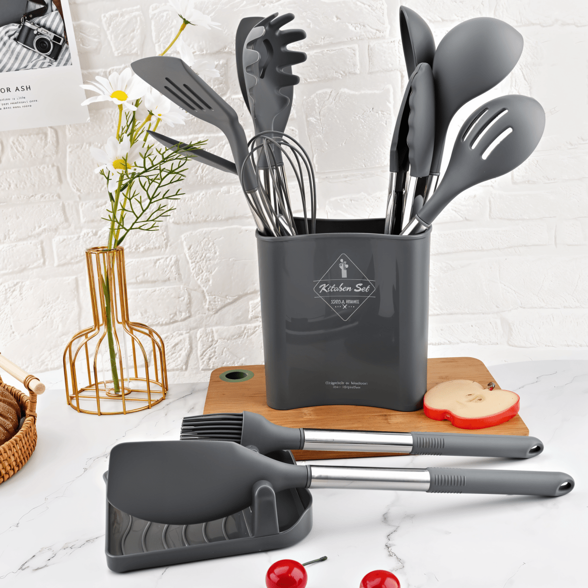 Skorter | 12-piece silicone kitchen utensils set with stainless steel handles