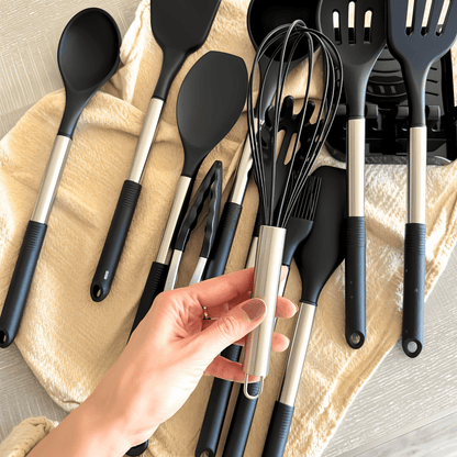 Skorter | 12-piece silicone kitchen utensils set with stainless steel handles