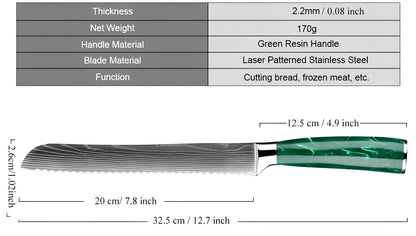 Skorter professional bread knife with handle in green resin