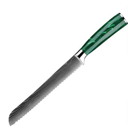 Skorter professional bread knife with handle in green resin
