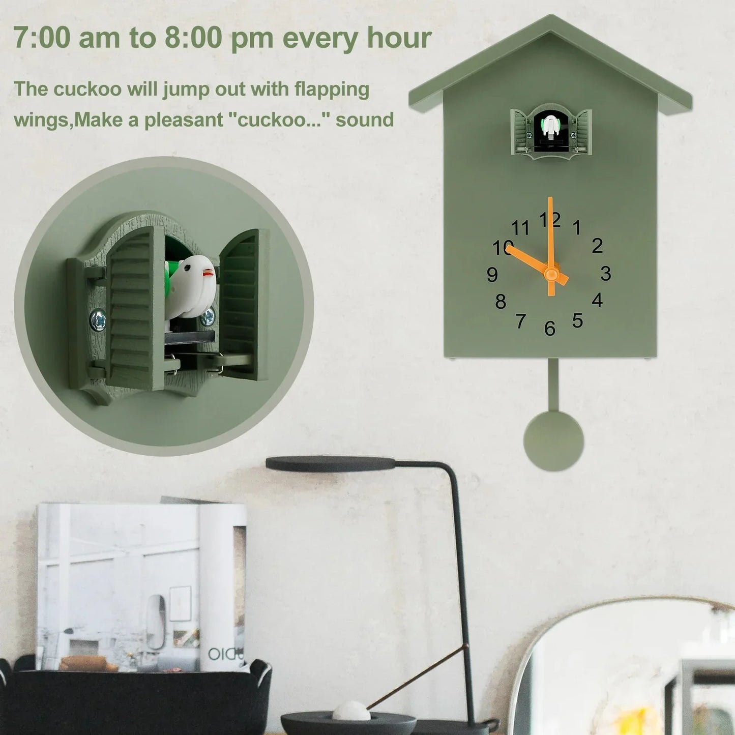 Skorter | Cuckoo Clock Cuckoo Sound Clock with Pendulum Delicate Cuckoo Clock Bird Battery Operated Cuckoo Wall Clock for Living Room Decor
