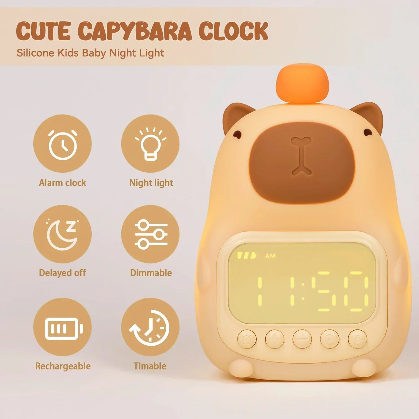 Skorter | Capybara Clock Lamp - Rechargeable Digital Alarm Clock with Night Light & Touch Snooze