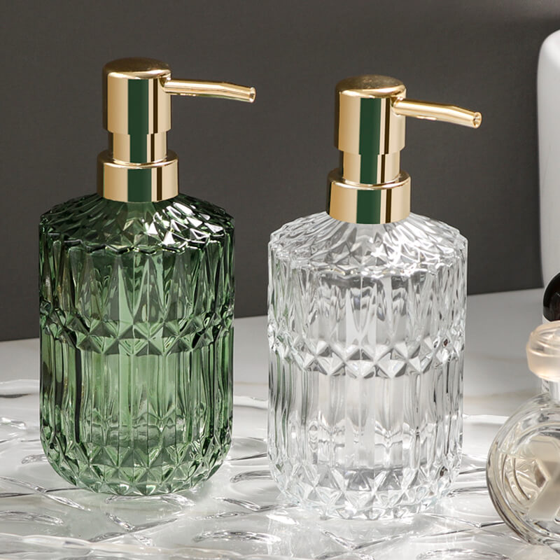 Skorter | CrystalFoam Glass Soap Dispenser | Diamond Pattern Design | Elegant Storage for Soap | Modern Bathroom Decor