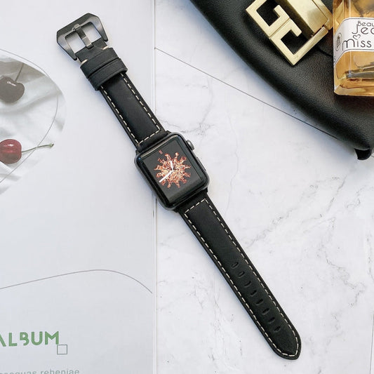 Skorter | Big Head Buckle Leather Watch Band for Apple Watch Ultra 49mm & Watch Ultra 2 49mm / Series 9 & 8 & 7 45mm / SE 3 & SE 2 & 6 & SE & 5 & 4 44mm / 3 & 2 & 1 42mm (Black)