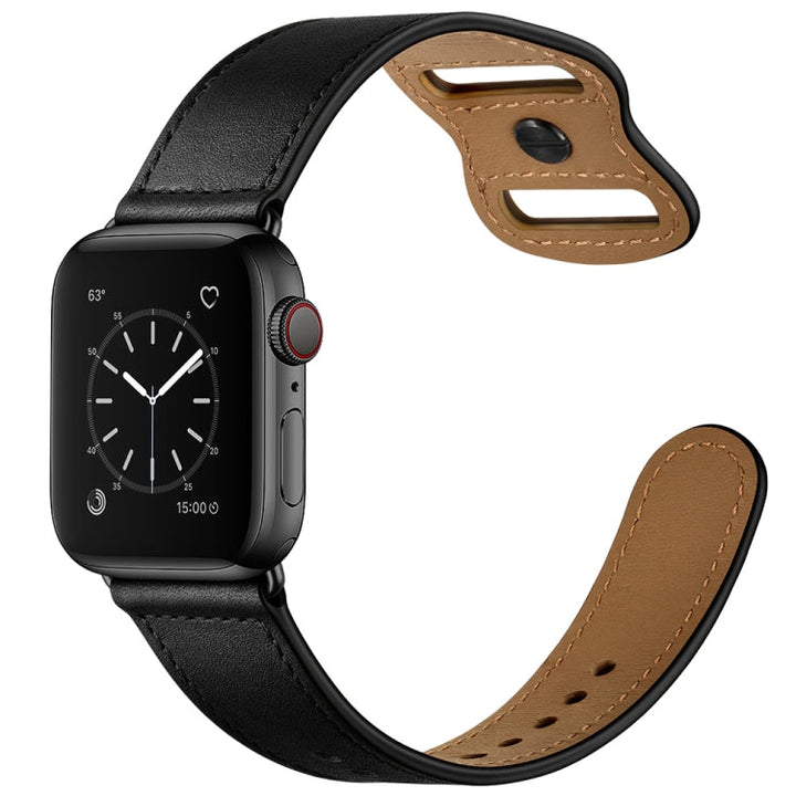 Skorter | Double Hole Leather Watch Band for Apple Watch Ultra 49mm & Watch Ultra 2 49mm / Series 9 & 8 & 7 45mm / SE 3 & SE 2 & 6 & SE & 5 & 4 44mm / 3 & 2 & 1 42mm (Black)