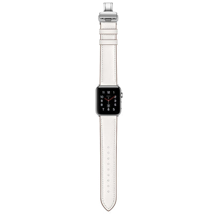 Skorter | Genuine Leather + Butterfly Silver Buckled Bracelet for Apple Watch Series 7 45mm / 6 & SE & 5 & 4 44mm / 3 & 2 & 1 42mm (White)
