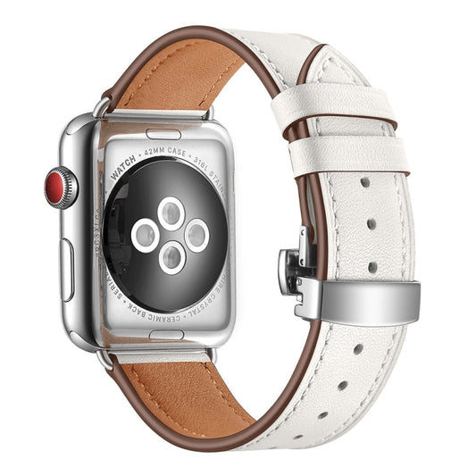 Skorter | Genuine Leather + Butterfly Silver Buckled Bracelet for Apple Watch Series 7 45mm / 6 & SE & 5 & 4 44mm / 3 & 2 & 1 42mm (White)