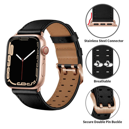 Skorter | Double Buckle Leather Watch Band for Apple Watch Series 9&8&7 41mm / SE 3&SE 2&6&SE&5&4 40mm / 3&2&1 38mm (Black Rose Gold Buckle)