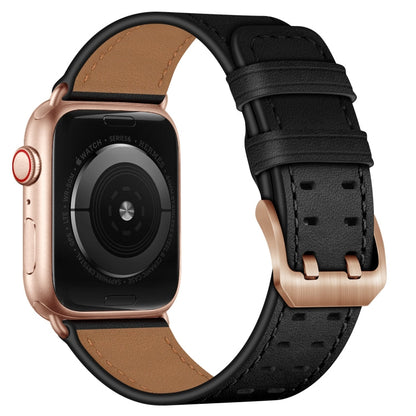 Skorter | Double Buckle Leather Watch Band for Apple Watch Series 9&8&7 41mm / SE 3&SE 2&6&SE&5&4 40mm / 3&2&1 38mm (Black Rose Gold Buckle)