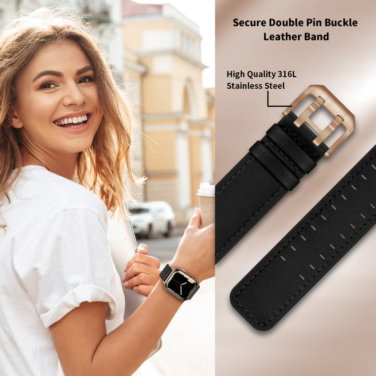 Skorter | Double Buckle Leather Watch Band for Apple Watch Series 9&8&7 41mm / SE 3&SE 2&6&SE&5&4 40mm / 3&2&1 38mm (Black Rose Gold Buckle)