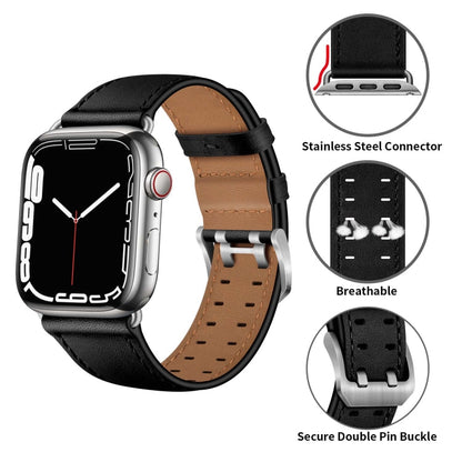 Skorter | Double Buckle Leather Watch Strap for Apple Watch Series 9&8&7 41mm / SE 3&SE 2&6&SE&5&4 40mm / 3&2&1 38mm (Black Silver Buckle)