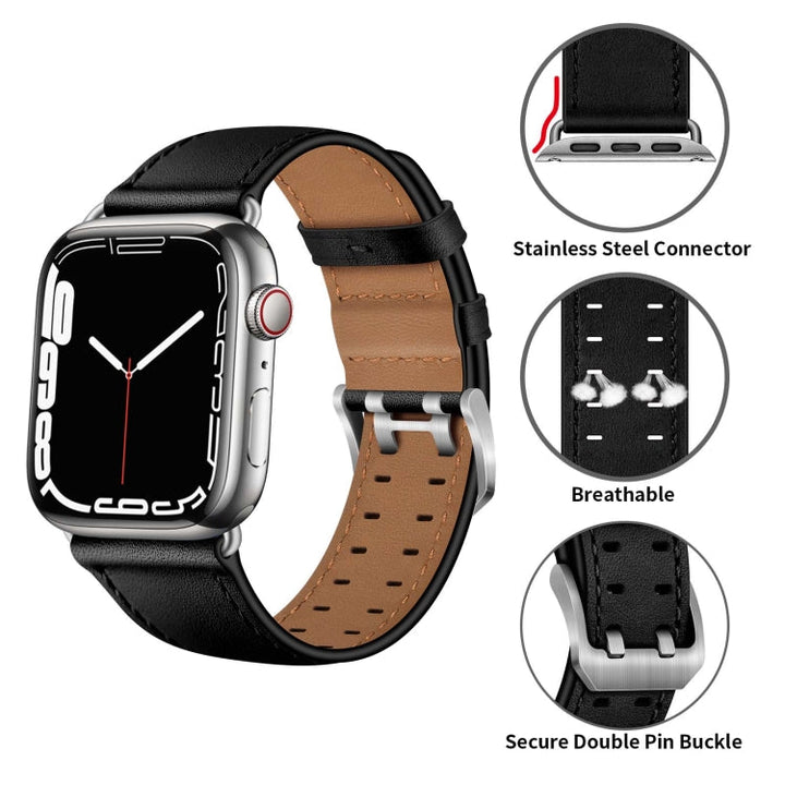 Skorter | Double Buckle Leather Watch Strap for Apple Watch Series 9&8&7 41mm / SE 3&SE 2&6&SE&5&4 40mm / 3&2&1 38mm (Black Silver Buckle)