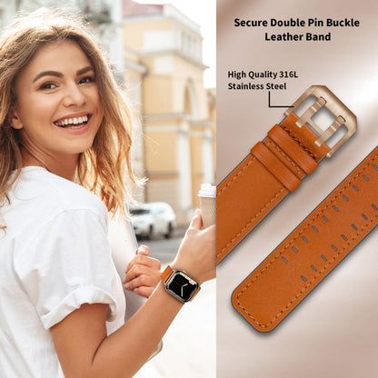 Skorter | Double Buckle Leather Bracelet for Apple Watch Series 9&8&7 41mm / SE 3&SE 2&6&SE&5&4 40mm / 3&2&1 38mm (Brown Rose Gold Buckle)