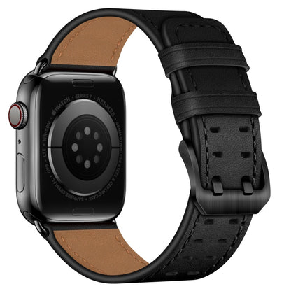 Skorter | Double Buckle Leather Bracelet for Apple Watch Ultra 49mm & Watch Ultra 2 49mm / Series 9 & 8 & 7 45mm / SE 3 & SE 2 & 6 & SE & 5 & 4 44mm / 3 & 2 & 1 42mm (Black Black Buckle)