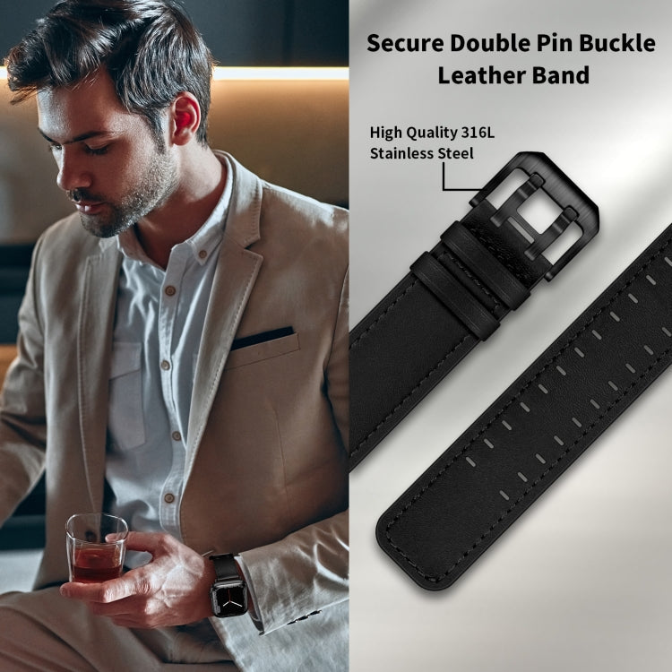 Skorter | Double Buckle Leather Bracelet for Apple Watch Ultra 49mm & Watch Ultra 2 49mm / Series 9 & 8 & 7 45mm / SE 3 & SE 2 & 6 & SE & 5 & 4 44mm / 3 & 2 & 1 42mm (Black Black Buckle)