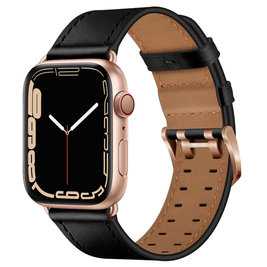 Skorter | Double Buckle Leather Band for Apple Watch Ultra 49mm & Watch Ultra 2 49mm / Series 9 & 8 & 7 45mm / SE 3 & SE 2 & 6 & SE & 5 & 4 44mm / 3 & 2 & 1 42mm (Black Rose Gold Buckle)