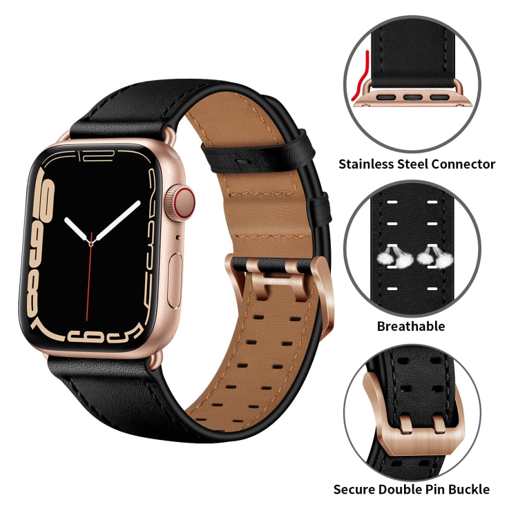 Skorter | Double Buckle Leather Band for Apple Watch Ultra 49mm & Watch Ultra 2 49mm / Series 9 & 8 & 7 45mm / SE 3 & SE 2 & 6 & SE & 5 & 4 44mm / 3 & 2 & 1 42mm (Black Rose Gold Buckle)