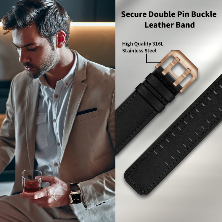 Skorter | Double Buckle Leather Band for Apple Watch Ultra 49mm & Watch Ultra 2 49mm / Series 9 & 8 & 7 45mm / SE 3 & SE 2 & 6 & SE & 5 & 4 44mm / 3 & 2 & 1 42mm (Black Rose Gold Buckle)