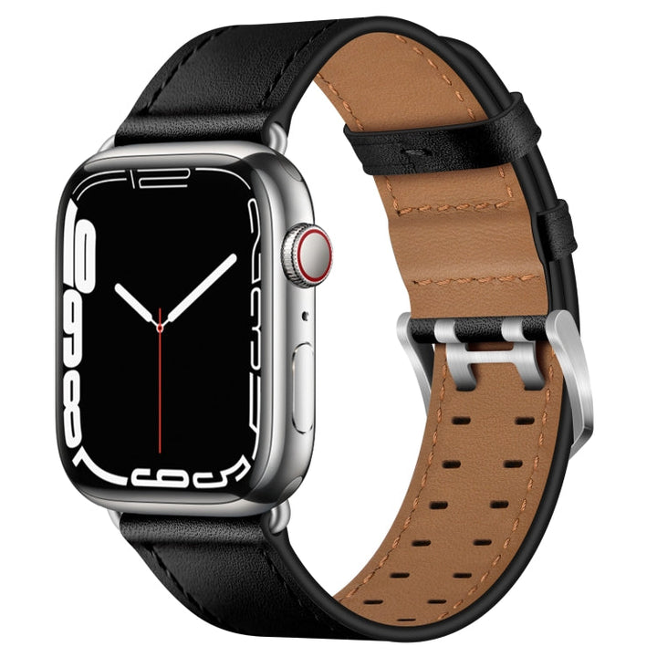 Skorter | Klockarmband i läder med dubbelt spänne för Apple Watch Ultra 49mm &amp; Watch Ultra 2 49mm / Serie 9 &amp; 8 &amp; 7 45mm / SE 3 &amp; SE 2 &amp; 6 &amp; SE &amp; 5 &amp; 4 44mm / 3 &amp; 2 &amp; 1 42mm (Svart silverspänne)