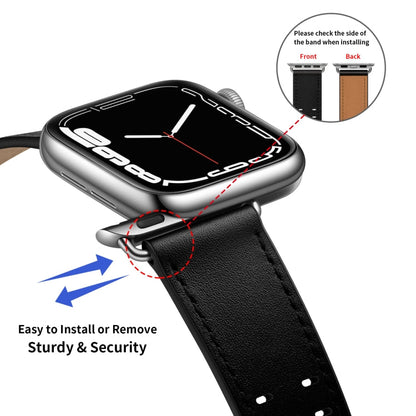 Skorter | Double Buckle Leather Watch Strap for Apple Watch Ultra 49mm & Watch Ultra 2 49mm / Series 9 & 8 & 7 45mm / SE 3 & SE 2 & 6 & SE & 5 & 4 44mm / 3 & 2 & 1 42mm (Black Silver Buckle)