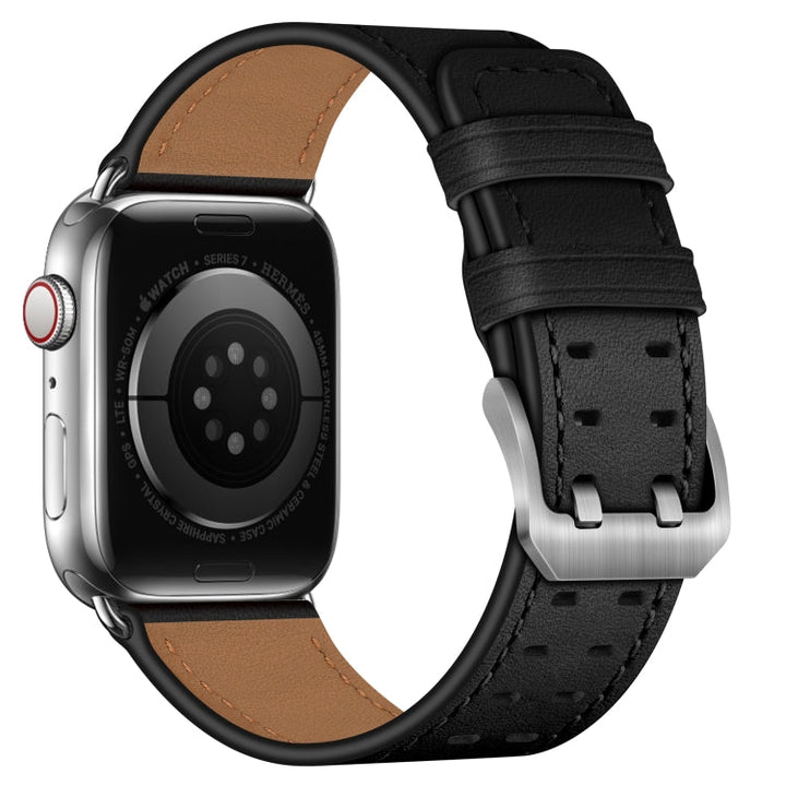 Skorter | Klockarmband i läder med dubbelt spänne för Apple Watch Ultra 49mm &amp; Watch Ultra 2 49mm / Serie 9 &amp; 8 &amp; 7 45mm / SE 3 &amp; SE 2 &amp; 6 &amp; SE &amp; 5 &amp; 4 44mm / 3 &amp; 2 &amp; 1 42mm (Svart silverspänne)
