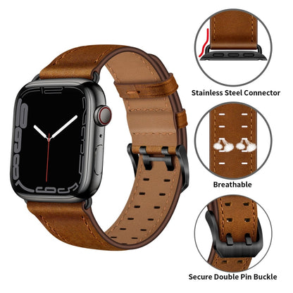 Skorter | Double Buckle Leather Bracelet for Apple Watch Ultra 49mm & Watch Ultra 2 49mm / Series 9 & 8 & 7 45mm / SE 3 & SE 2 & 6 & SE & 5 & 4 44mm / 3 & 2 & 1 42mm (Red Brown)