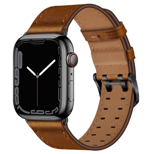 Skorter | Läderarmband med dubbelt spänne för Apple Watch Ultra 49mm & Watch Ultra 2 49mm / Serie 9 & 8 & 7 45mm / SE 3 & SE 2 & 6 & SE & 5 & 4 44mm / 3 & 2 & 1 42mm (Rödbrun)
