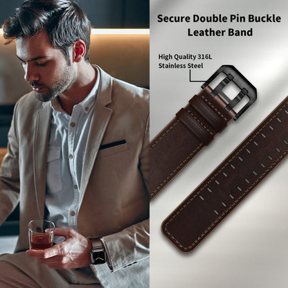 Skorter | Double Buckle Leather Bracelet for Apple Watch Ultra 49mm & Watch Ultra 2 49mm / Series 9 & 8 & 7 45mm / SE 3 & SE 2 & 6 & SE & 5 & 4 44mm / 3 & 2 & 1 42mm (Dark Brown)