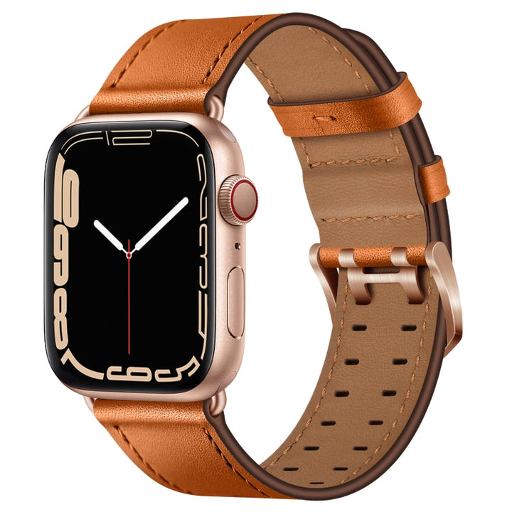 Skorter | Klockarmband i läder med dubbelt spänne för Apple Watch Ultra 49mm &amp; Watch Ultra 2 49mm / Serie 9 &amp; 8 &amp; 7 45mm / SE 3 &amp; SE 2 &amp; 6 &amp; SE &amp; 5 &amp; 4 44mm / 3 &amp; 2 &amp; 1 42mm (brunt roséguldspänne)