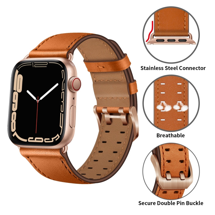 Skorter | Double Buckle Leather Watch Strap for Apple Watch Ultra 49mm & Watch Ultra 2 49mm / Series 9 & 8 & 7 45mm / SE 3 & SE 2 & 6 & SE & 5 & 4 44mm / 3 & 2 & 1 42mm (Brown Rose Gold Buckle)