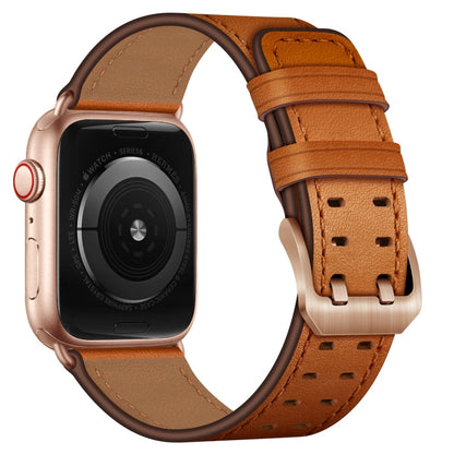 Skorter | Double Buckle Leather Watch Strap for Apple Watch Ultra 49mm & Watch Ultra 2 49mm / Series 9 & 8 & 7 45mm / SE 3 & SE 2 & 6 & SE & 5 & 4 44mm / 3 & 2 & 1 42mm (Brown Rose Gold Buckle)