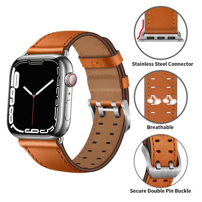 Skorter | Double Buckle Leather Watch Band for Apple Watch Ultra 49mm&Watch Ultra 2 49mm / Series 9&8&7 45mm / SE 3&SE 2&6&SE&5&4 44mm / 3&2&1 42mm (Brown Silver Buckle)