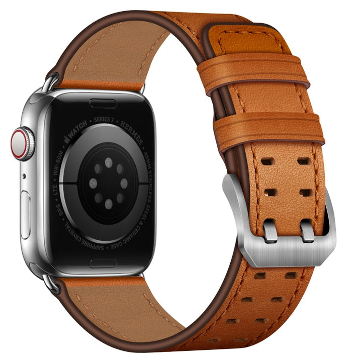 Skorter | Läderarmband med dubbelt spänne för Apple Watch Ultra 49mm &amp; Watch Ultra 2 49mm / Serie 9 &amp; 8 &amp; 7 45mm / SE 3 &amp; SE 2 &amp; 6 &amp; SE &amp; 5 &amp; 4 44mm / 3 &amp; 2 &amp; 1 42mm (Brunt silverspänne)