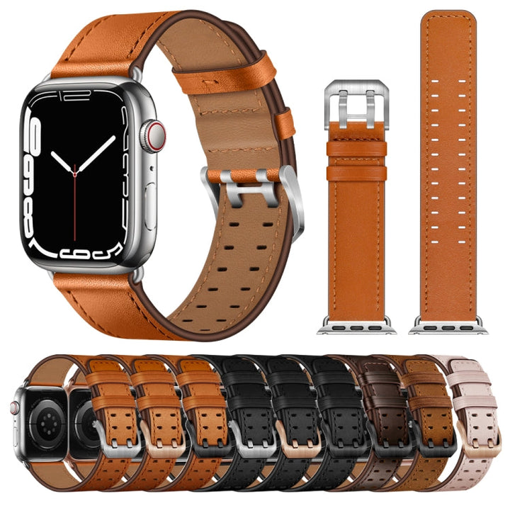 Skorter | Läderarmband med dubbelt spänne för Apple Watch Ultra 49mm &amp; Watch Ultra 2 49mm / Serie 9 &amp; 8 &amp; 7 45mm / SE 3 &amp; SE 2 &amp; 6 &amp; SE &amp; 5 &amp; 4 44mm / 3 &amp; 2 &amp; 1 42mm (Rödbrun)