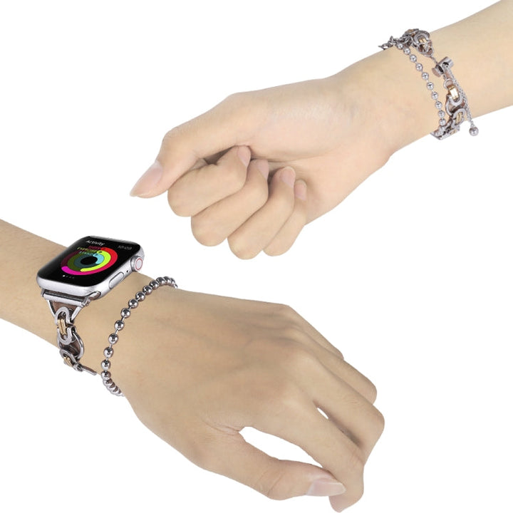 Skorter | Dubbelkedjad klockarmband i rostfritt stål med 2 pärlor för Apple Watch Series 9&amp;8&amp;7 41mm / SE 3&amp;SE 2&amp;6&amp;SE&amp;5&amp;4 40mm / 3&amp;2&amp;1 38mm (Silver och Guld)