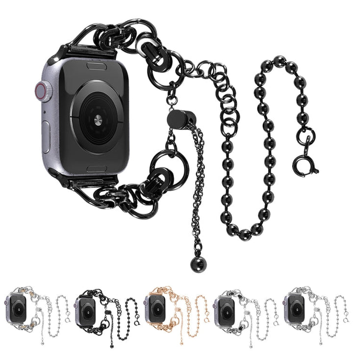 Skorter | Double Chain 2-Beads Stainless Steel Watch Band for Apple Watch Series 9&8&7 41mm / SE 3&SE 2&6&SE&5&4 40mm / 3&2&1 38mm (Silver and Black)