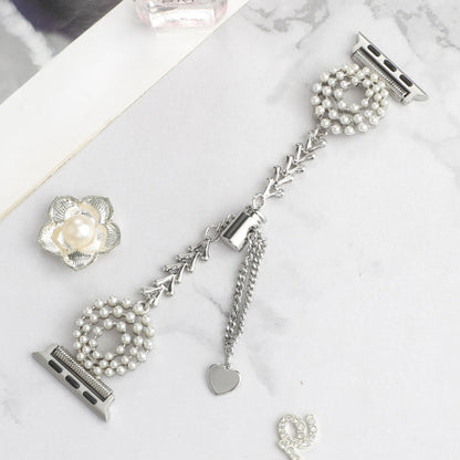 Skorter | For Apple Watch SE 2023 40mm Pearl Round Zinc Alloy Chain Metal Watch Band (Silver)