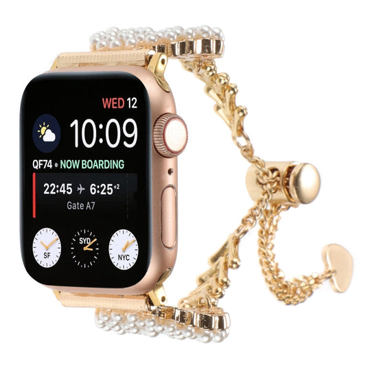 Skorter | For Apple Watch 42mm Pearl Round Zinc Alloy Chain Metal Bracelet (Gold)