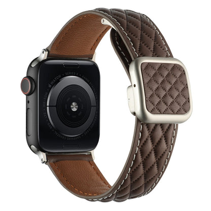 Skorter | For Apple Watch SE 2023 44mm Diamond Pattern Magnetic Square Buckle Leather Watch Band (Dark Coffee)