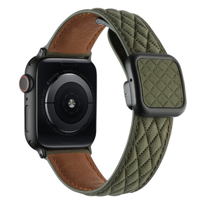Skorter | For Apple Watch SE 2023 44mm Diamond Pattern Magnetic Square Buckle Leather Strap (Army Green)
