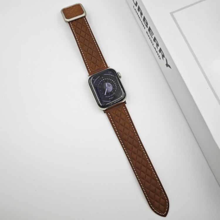 Skorter | For Apple Watch SE 2023 44mm Diamond Pattern Magnetic Square Buckle Leather Watch Band (Dark Brown)