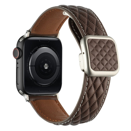 Skorter | For Apple Watch SE 2022 44mm Diamond Pattern Magnetic Square Buckle Leather Band (Dark Brown)