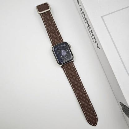 Skorter | For Apple Watch SE 2022 44mm Diamond Pattern Magnetic Square Buckle Leather Band (Dark Brown)