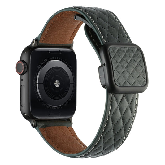 Skorter | For Apple Watch 42mm Diamond Pattern Magnetic Square Buckle Leather Strap (Dark Green)