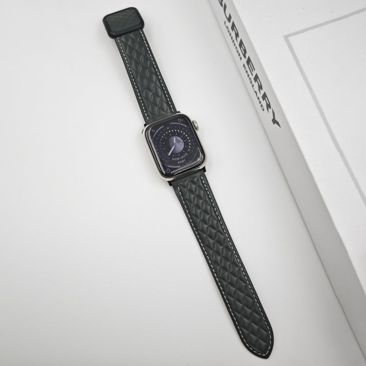 Skorter | For Apple Watch 42mm Diamond Pattern Magnetic Square Buckle Leather Strap (Dark Green)