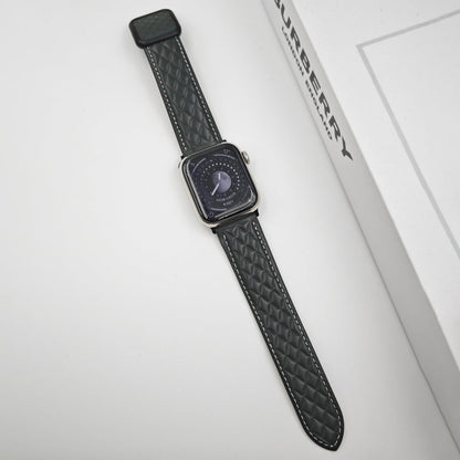 Skorter | For Apple Watch 42mm Diamond Pattern Magnetic Square Buckle Leather Strap (Dark Green)