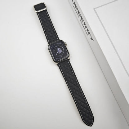 Skorter | For Apple Watch 38mm Diamond Pattern Magnetic Square Buckle Leather Strap (Black)