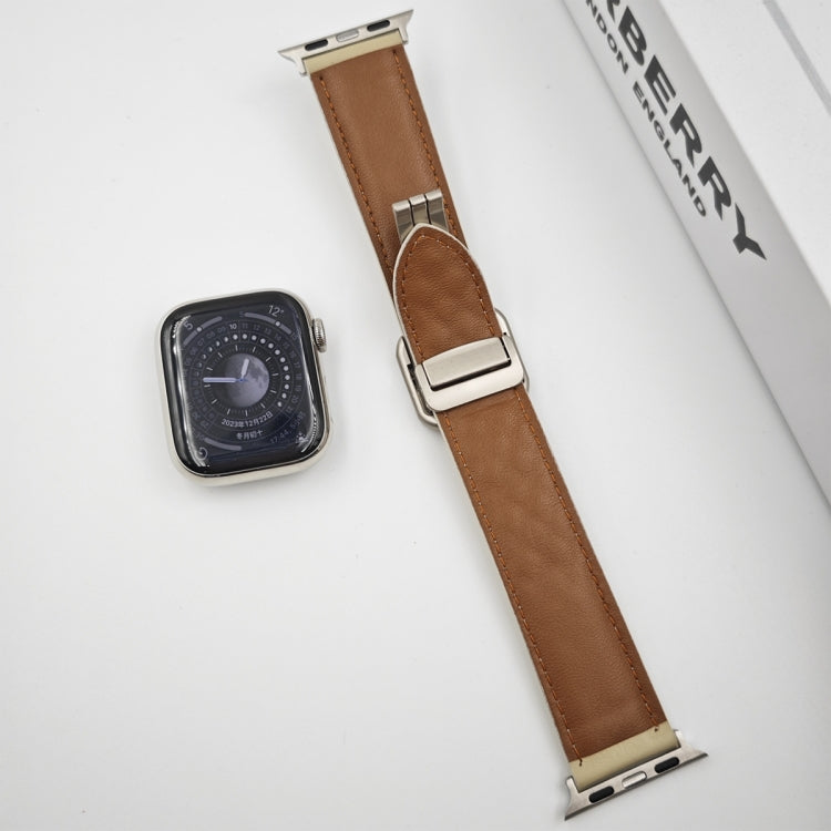 Skorter | For Apple Watch SE 2023 44mm Diamond Pattern Magnetic Square Buckle Leather Watch Band (Dark Brown)